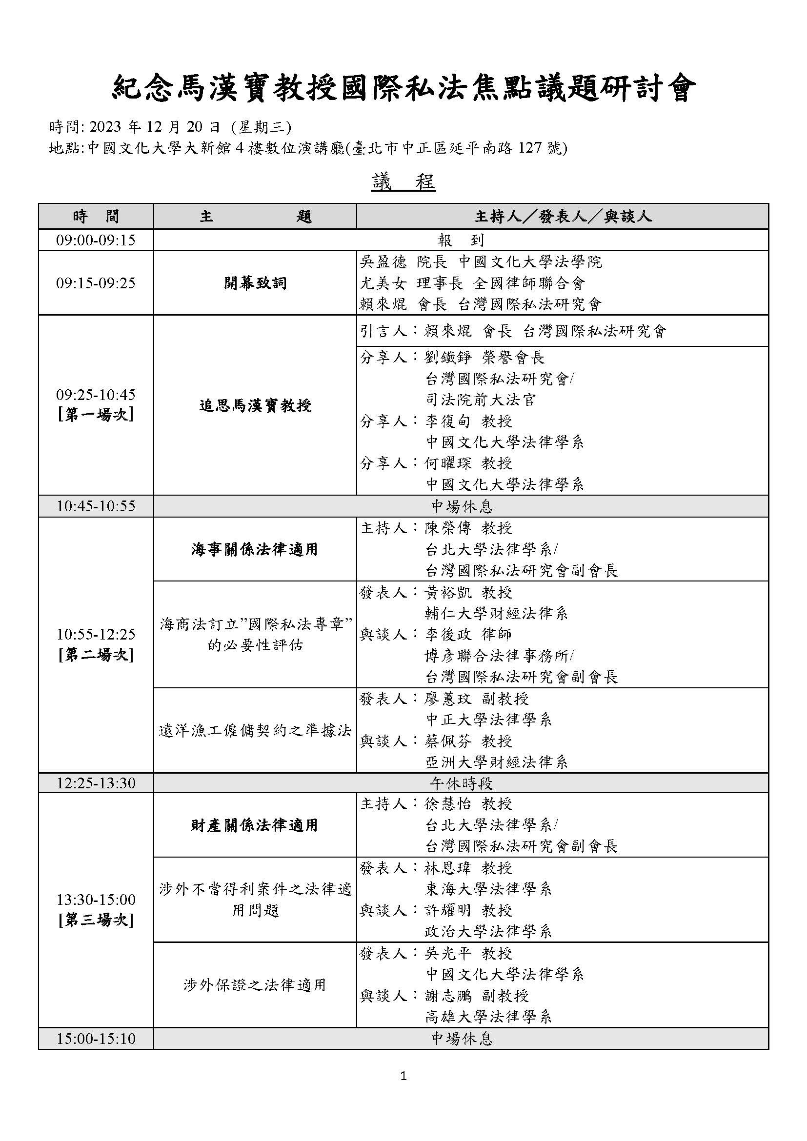 112年12月20日紀念馬漢寶教授國際私法焦點議題研討會 